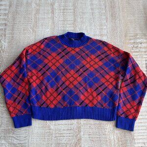 Forever 21 Blue/Red Crewneck Argyle Sweater Cropped Bold Plaid Size Small